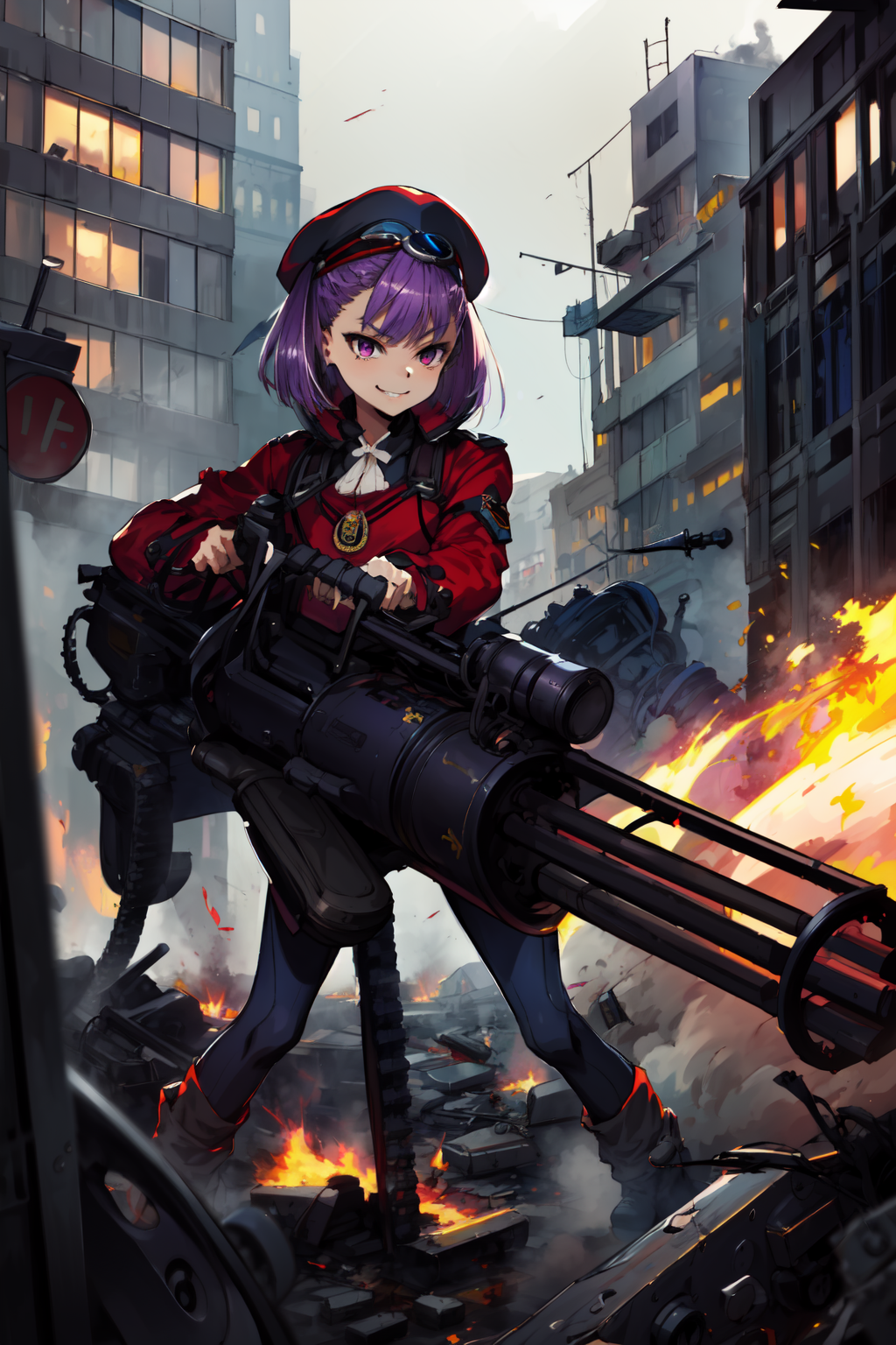 00903-1592862165-masterpiece,best quality,1girl,helena blavatsky,purple hair,short hair,hat,goggles,smirk,military uniform,holding weapon,(gatlin.png